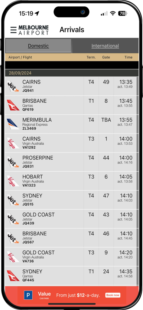Melbourne Airport - Melbourne Airport app showing domestic flight arrivals list with terminal and gate details