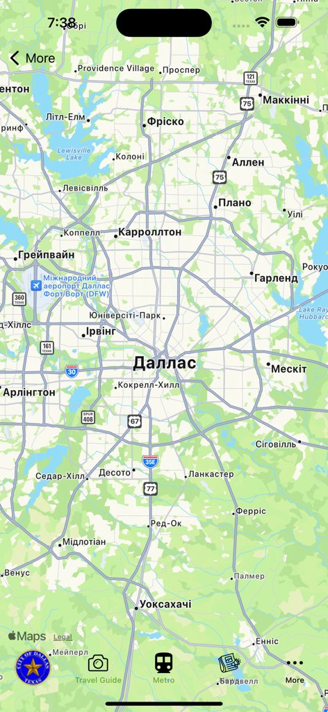 여행 앱에서 동네와 대중교통 노선을 보여주는 댈러스 인터랙티브 도시 지도