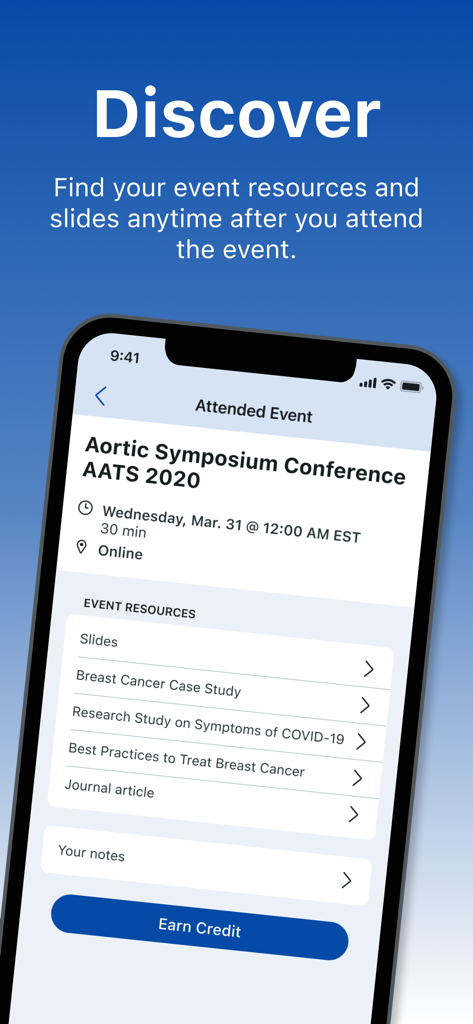 Medscape LIVE app displaying attended event resources and the earn credit button for healthcare professionals.