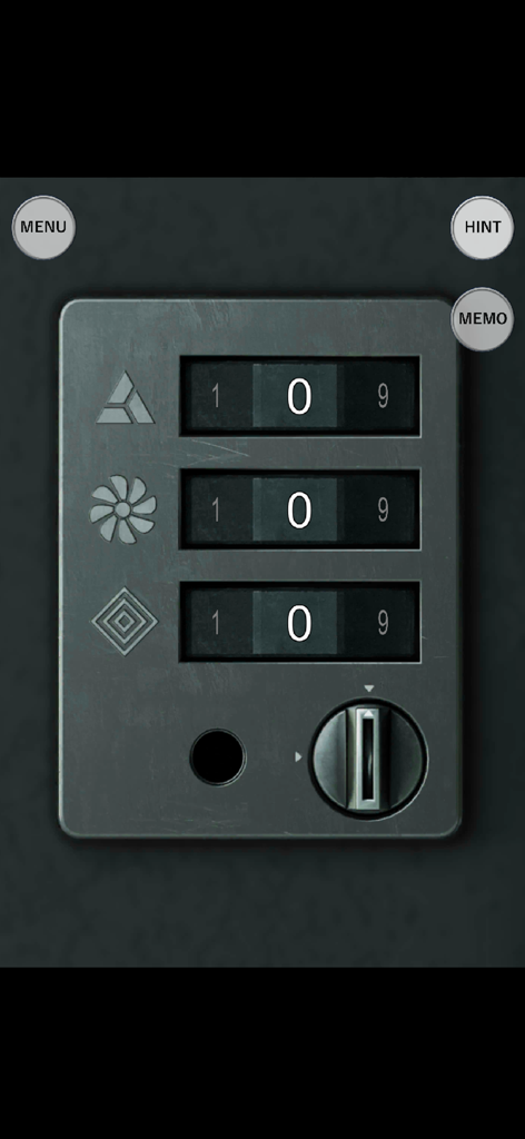 Um quebra-cabeça de cadeado de combinação de três dígitos com símbolos geométricos e botões de navegação no jogo mobile Escape from P-BOX.