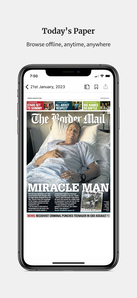 Captura de tela do aplicativo The Border Mail mostrando uma réplica digital do jornal diário em um telefone celular.