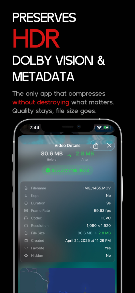 Video Compressor - HEVCut - Interface of HEVCut app showing 96 percent video file size reduction while preserving HDR and metadata