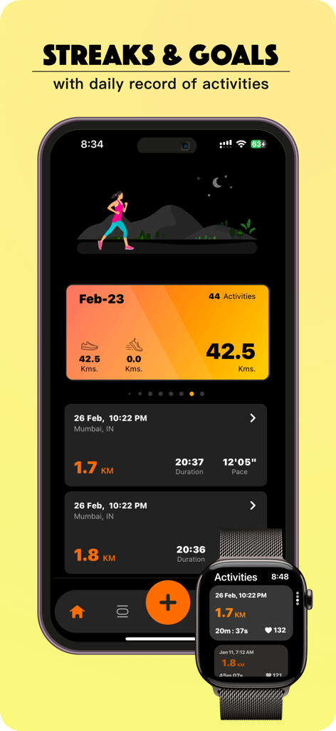 Painel do aplicativo fitAnalytica exibindo sequências de atividade e recordes diários no iPhone e Apple Watch