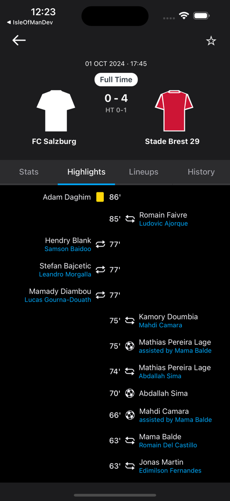 SportPesa Score - Momenti salienti della partita di calcio e cronologia degli eventi live nell'app SportPesa Score