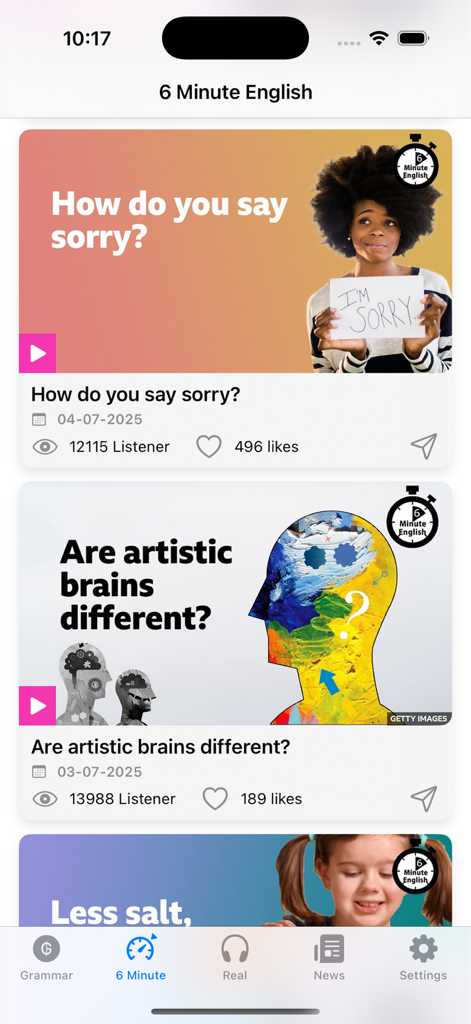 Grammar English Podcast - Grammar English Podcastアプリのインターフェース。サムネイルと再生ボタン付きの6分間の英語レッスンフィードを表示。