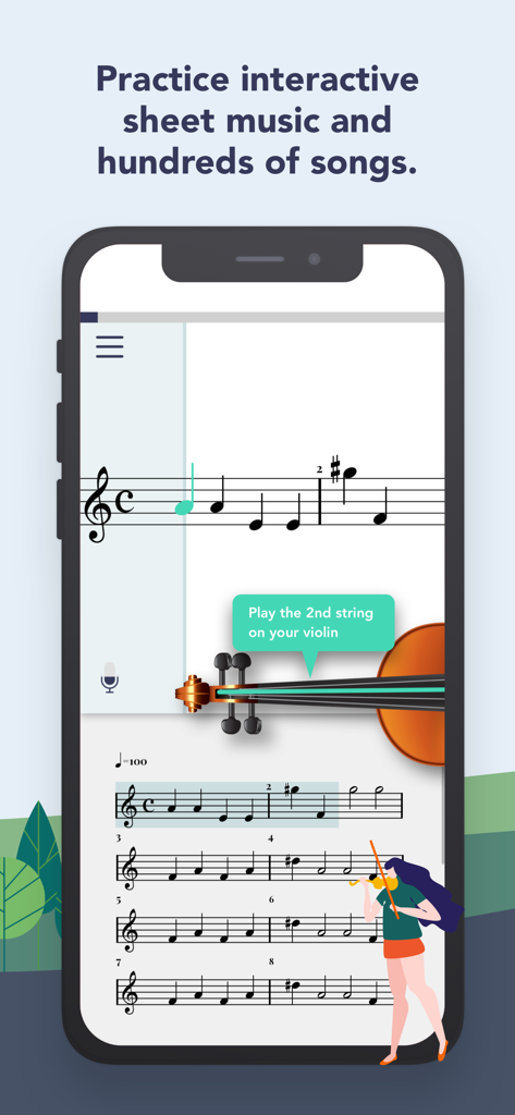 Trala: Learn Violin - Trala app interface showing interactive violin sheet music with real-time feedback