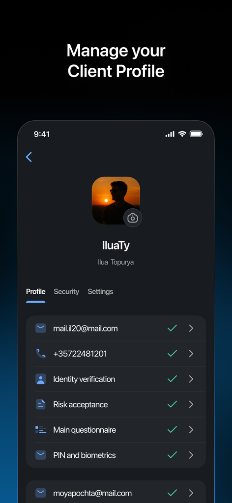 LiteFinance mobile app client profile page showing account verification and security settings