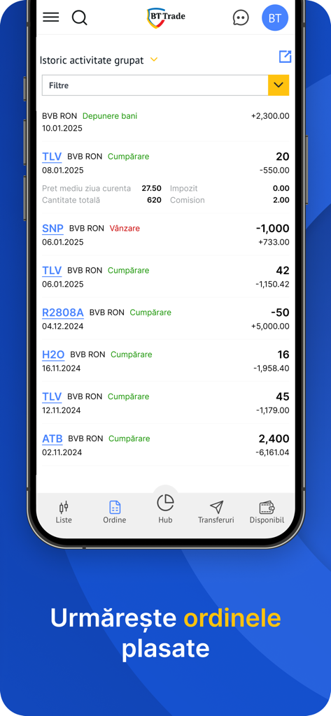 BT Trade - BT Trade mobile app screen showing a grouped history of stock trades and deposits