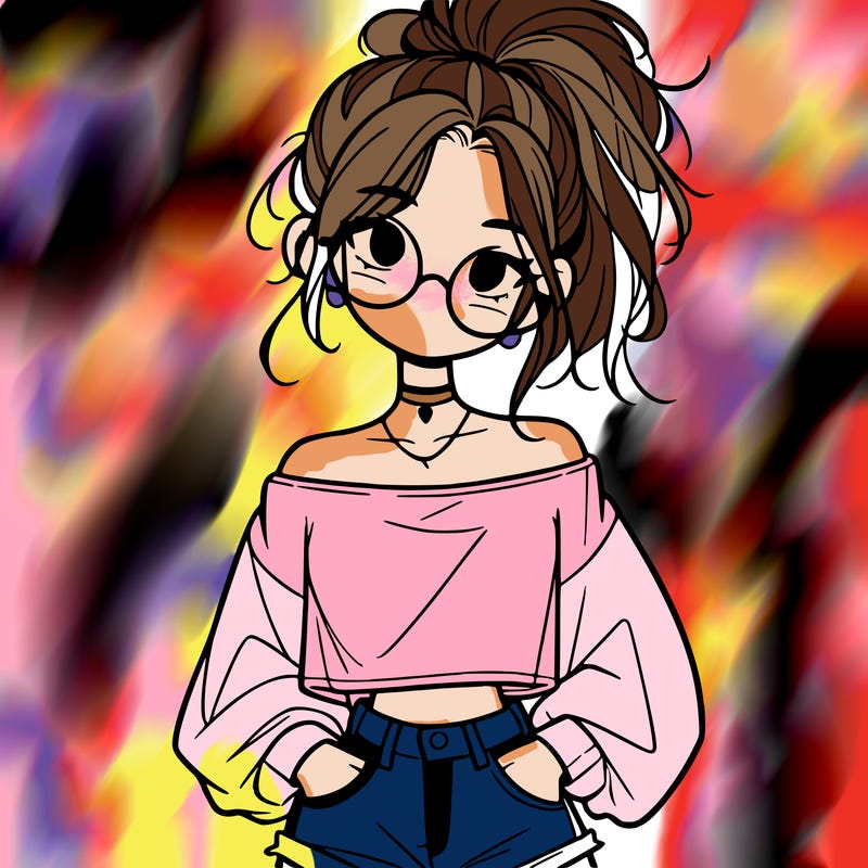 girl with a messy ponytail glasses a baggy crop top and jean shorts