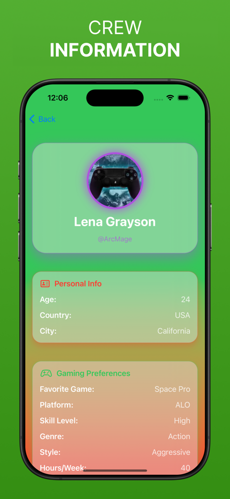 HaIaI CIoud Gaming - A profile screen for a user named Lena Grayson within the Halal Cloud Gaming app showing personal information and gaming preferences like skill level and favorite games.