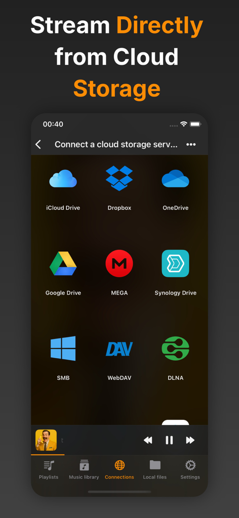 Flacbox: Hi-Res Music Player - Pantalla de la aplicación Flacbox que muestra las opciones para conectar almacenamiento en la nube y protocolos de red para la transmisión de música