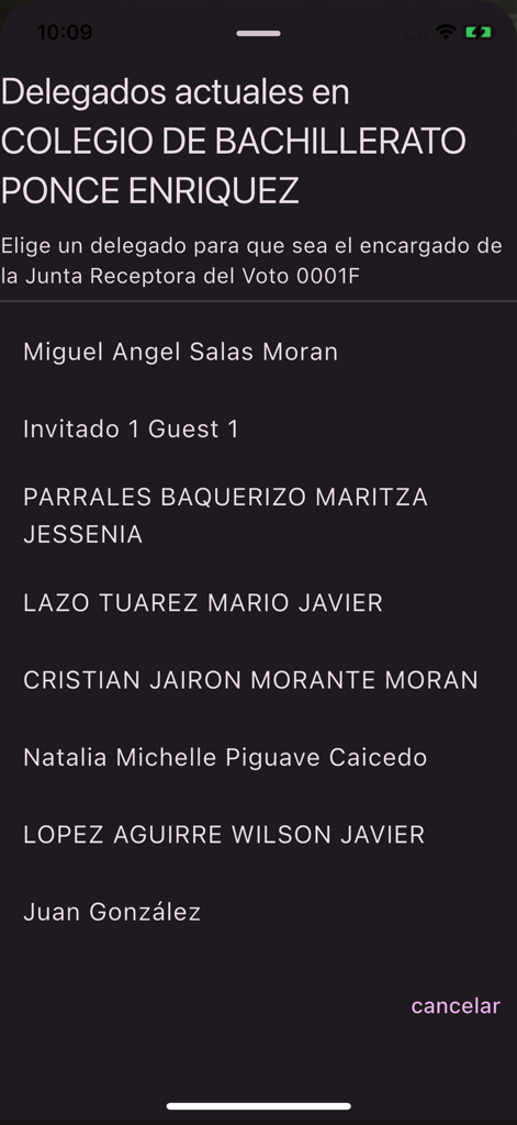 Interface affichant une liste de noms pour la sélection d'un délégué électoral dans un bureau de vote