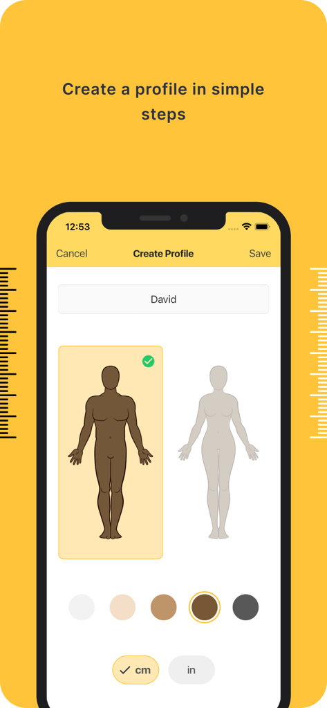 Tailor Body Measurements by DM - 性別と肌の色調の選択オプションを表示するTailorアプリのユーザープロファイル作成インターフェース。