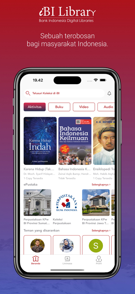 iBI Library - Home screen of the iBI Library app showing a curated collection of Indonesian ebooks and digital library branches.