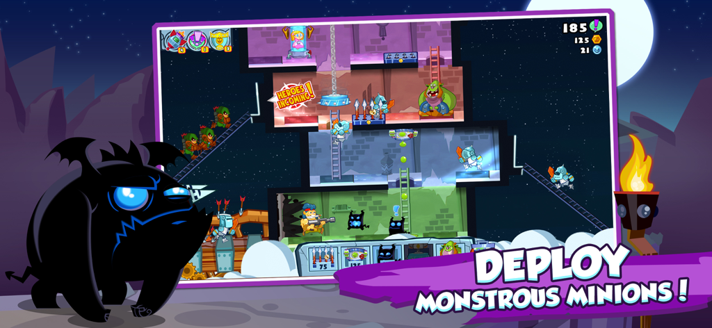 Gameplay screenshot of Castle Doombad showing heroes attacking a trap-filled lair with various minions