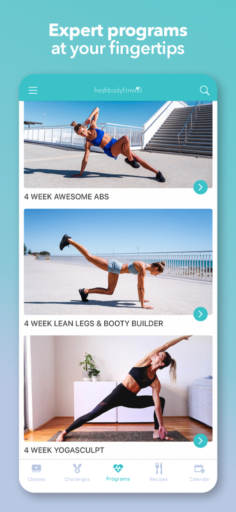 Interface de l'application FRESH BODY FIT MIND affichant des programmes de fitness et de yoga de 4 semaines