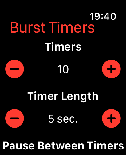 Burst Timers - Apple Watch screen showing the configuration for sequential timers in the Burst Timers app