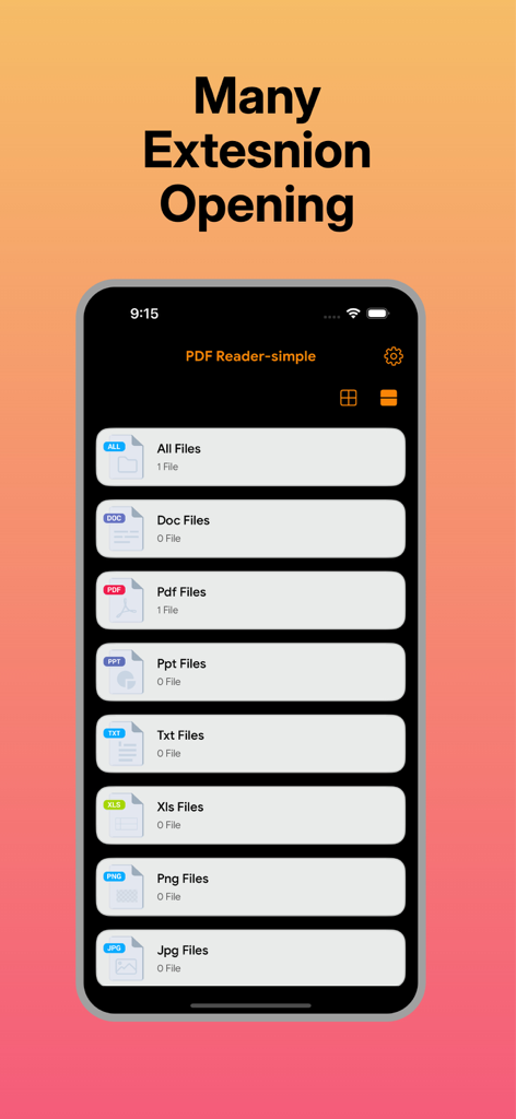 PDF、Word、Excel、画像を含むサポート対象のファイルカテゴリリストが表示されたPDF Reader-simpleアプリのインターフェース