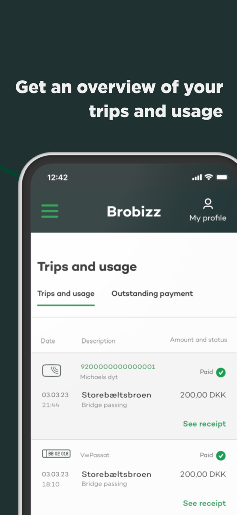 Brobizz-App-Oberfläche mit einer detaillierten Übersicht über vergangene Fahrten und Mautzahlungen.