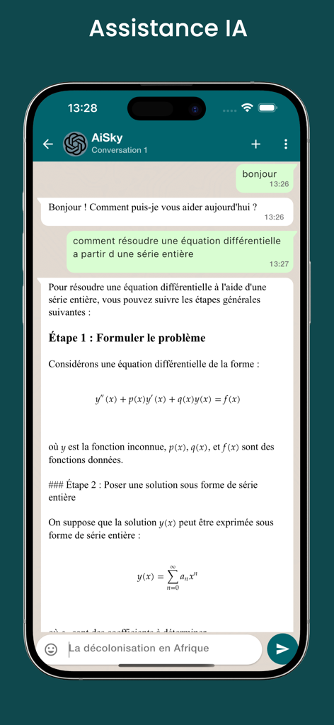 Virtual School - チャットインターフェイスで複雑な微分方程式を解くAIチューターを示すVirtual Schoolアプリのスクリーンショット
