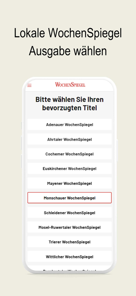 Auswahl lokaler Zeitungsausgaben in der WochenSpiegel ePaper App