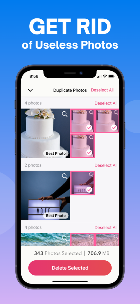 Clean Your Photos for iPhone - Interfaz de la aplicación Limpia tus Fotos mostrando la función de identificación y eliminación de fotos duplicadas para liberar espacio de almacenamiento