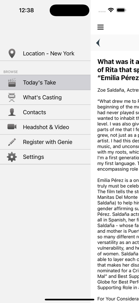Sidebar menu of the Actor Genie app showing navigation options and industry articles.