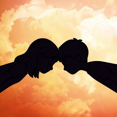 girl and boy turned to each other with there forehead’s against each other’s