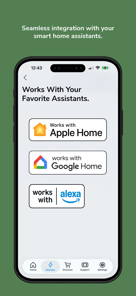 Interfaz de la aplicación HunterSMART mostrando compatibilidad con los asistentes Apple Home, Google Home y Amazon Alexa