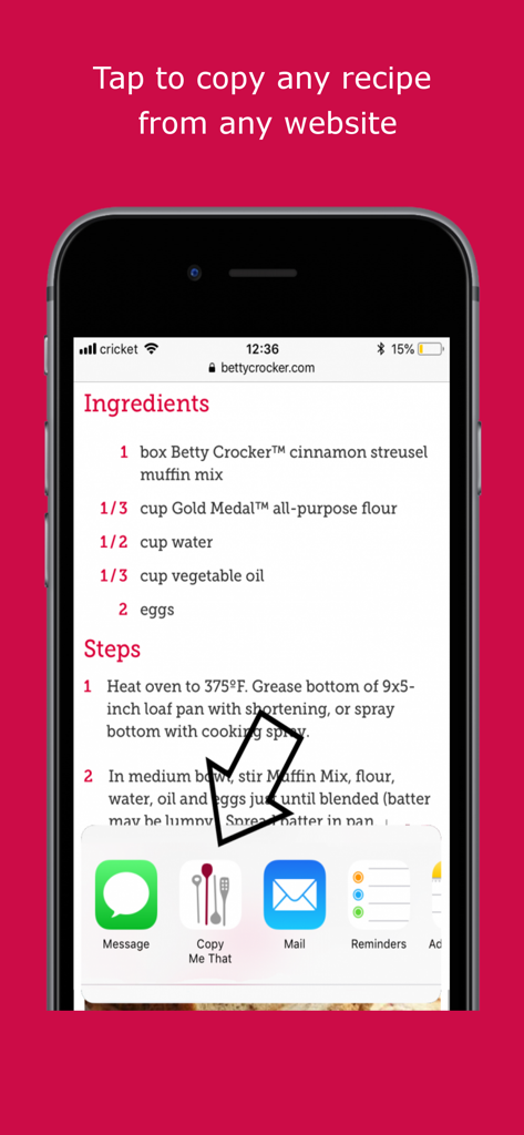 Copy Me That recipe manager - iPhone screenshot showing how to import a recipe from a website using the Copy Me That share extension.