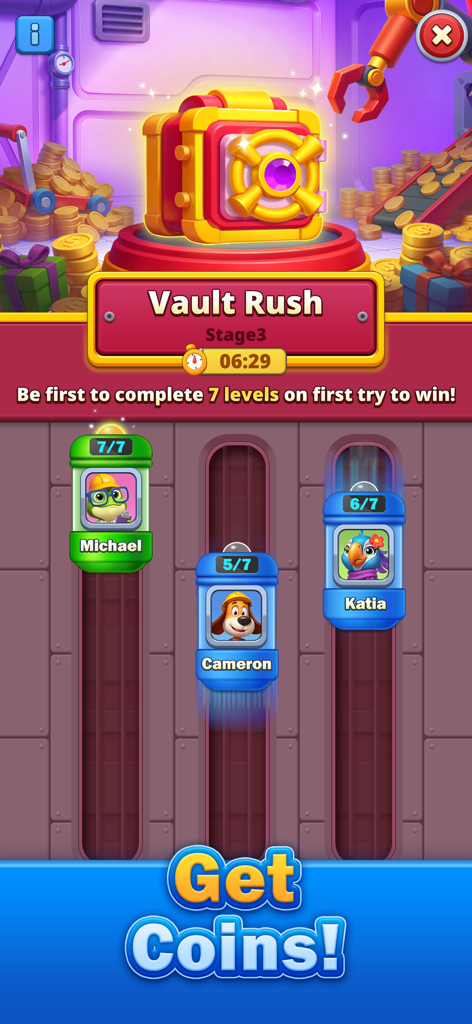 Nuts Factory: Sort Puzzle - Tabla de clasificación del evento Vault Rush de Nuts Factory que muestra el progreso y las recompensas de los jugadores.