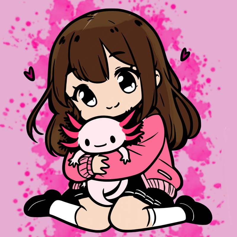 cute manga girl hugging a little axolotl