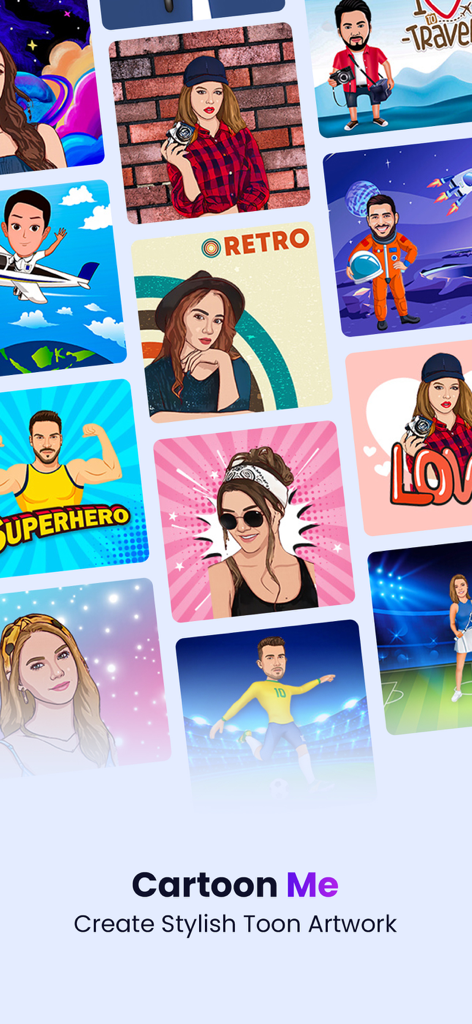 Un collage présentant divers styles de portraits cartoon, y compris des œuvres rétro, de super-héros et vectorielles.