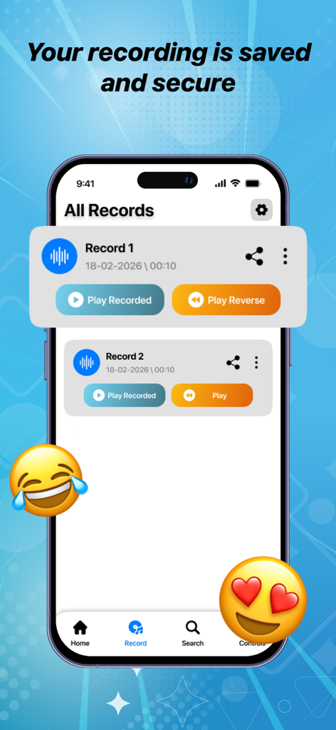 A list of saved audio recordings in the app showing play and reverse options for each clip.
