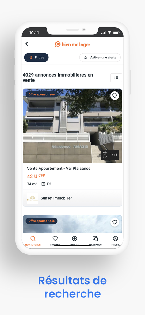 bienmeloger.nc - Mobile app interface of bienmeloger.nc showing property search results for apartments in New Caledonia