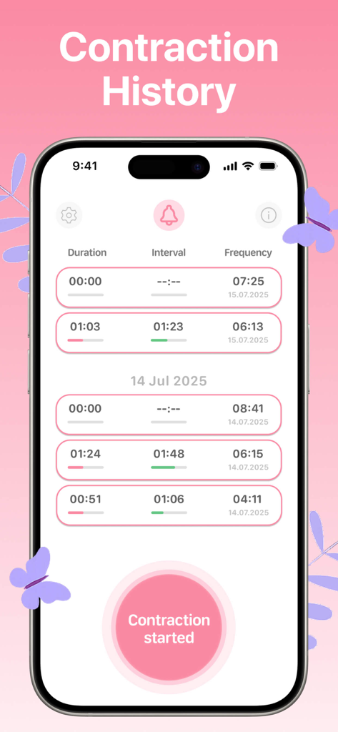 Contraction Timer & Trackerㅤ - Interfaz de aplicación móvil que muestra el historial de contracciones con columnas para duración, intervalo y frecuencia.