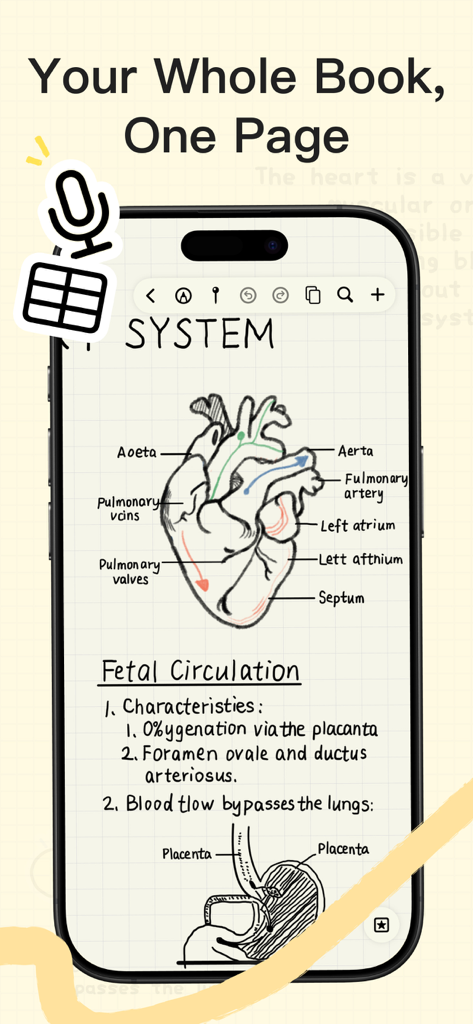 Ein Smartphone, das handschriftliche medizinische Anatomie-Notizen und Diagramme in der Prodrafts unendlichen Notiz-App anzeigt.