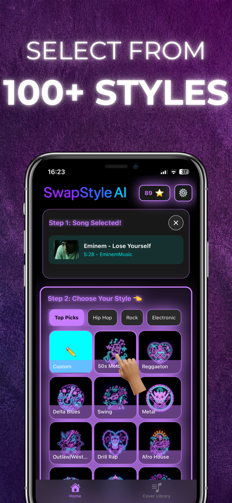 Interface of SwapStyle AI app for selecting music styles like Motown and Rock for song covers