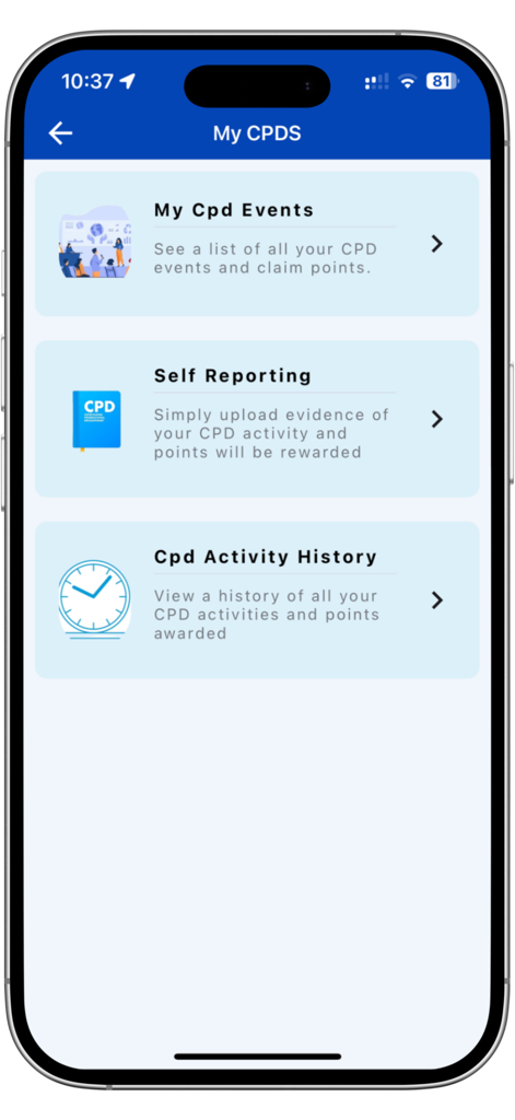 KeNuM - Interface of the KeNuM app showing options for managing continuing professional development points for nurses