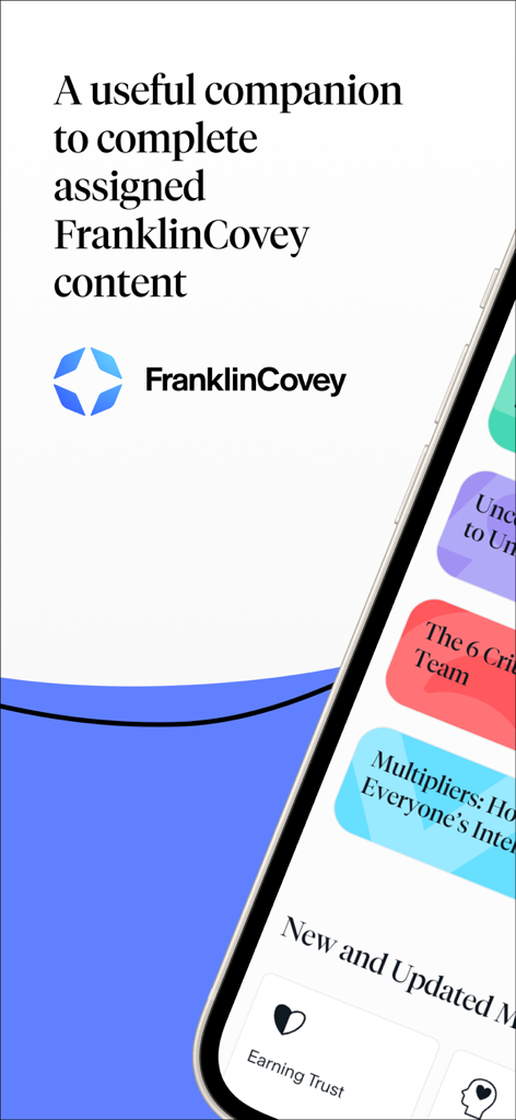 FranklinCovey Impact Platform - Pantalla de smartphone mostrando la Plataforma de Impacto FranklinCovey con microcursos de desarrollo profesional y contenido asignado