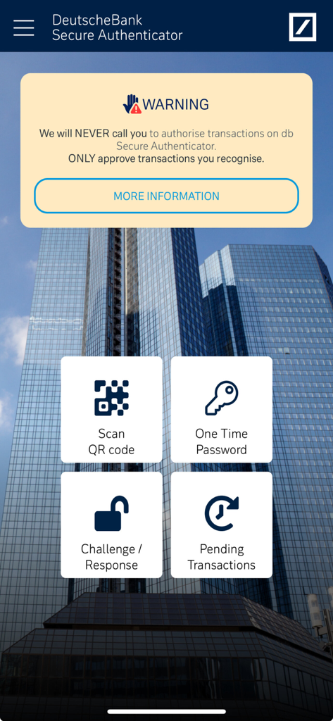 DB Secure Authenticator - Main dashboard of the DB Secure Authenticator app showing authentication options like QR scan and one time password