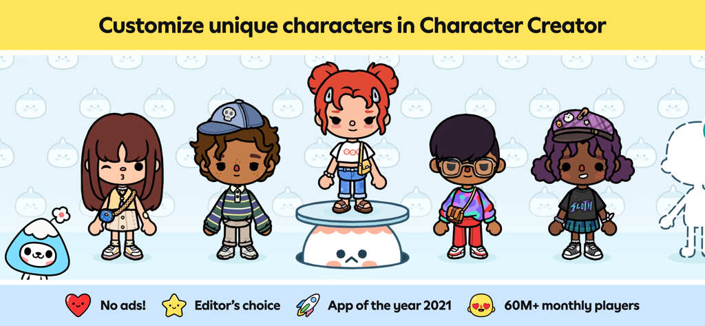Five diverse and unique characters created in the Toca Boca World character creator tool alongside app achievement badges