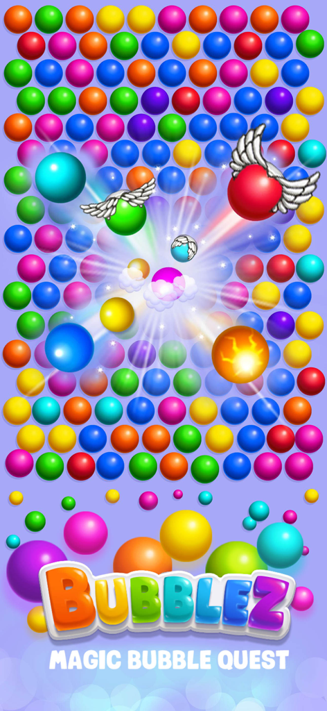 Colorful bubble shooter gameplay with winged bubbles and the Bubblez Magic Bubble Quest logo