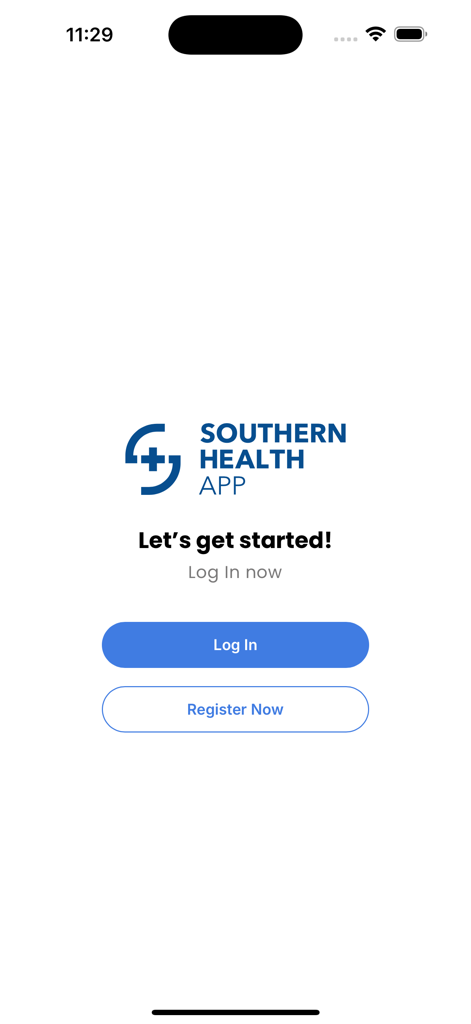 Southern Health App - Southern Health App welcome screen with login and registration buttons