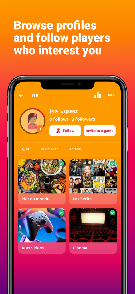 QuizHit - Blind test & Quiz - Pantalla de la aplicación QuizHit que muestra un perfil de usuario con opciones para seguir jugadores y ver sus quizzes creados como cine y videojuegos.