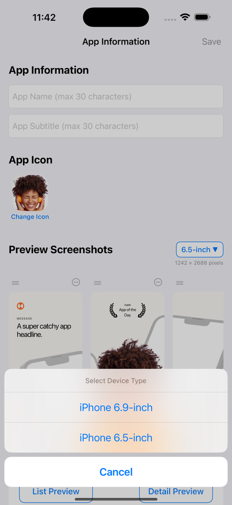 Preview App - Store Simulator - Interfaz para editar el nombre, subtítulo e icono de la app con selección de dispositivo para previsualizaciones de capturas de pantalla