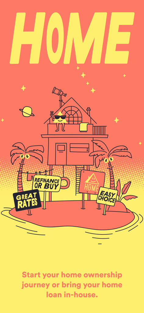 A playful illustration of a house on a tropical island representing the home loan and refinancing features in the Up banking app.