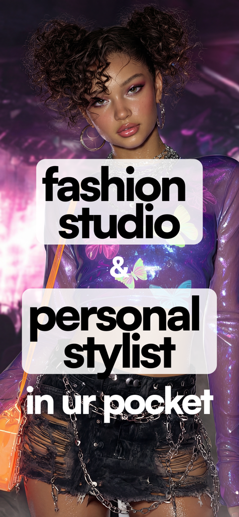 A trendy young woman in a purple iridescent butterfly top with text overlay describing the app as a personal fashion studio