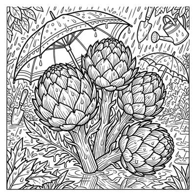 Unwind with our delightful artichokes coloring page, perfectly capturing the peaceful beauty of a rainy day. This intricate design invites you to explore the layered textures of artichokes amidst gentle raindrops and garden tools.