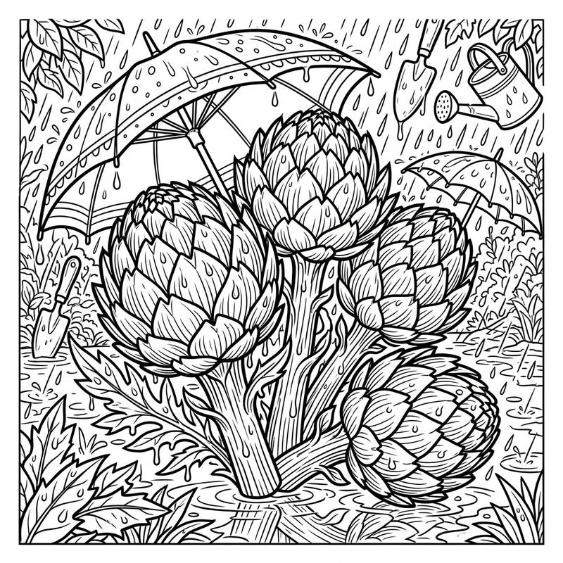 Unwind with our delightful artichokes coloring page, perfectly capturing the peaceful beauty of a rainy day. This intricate design invites you to explore the layered textures of artichokes amidst gentle raindrops and garden tools.